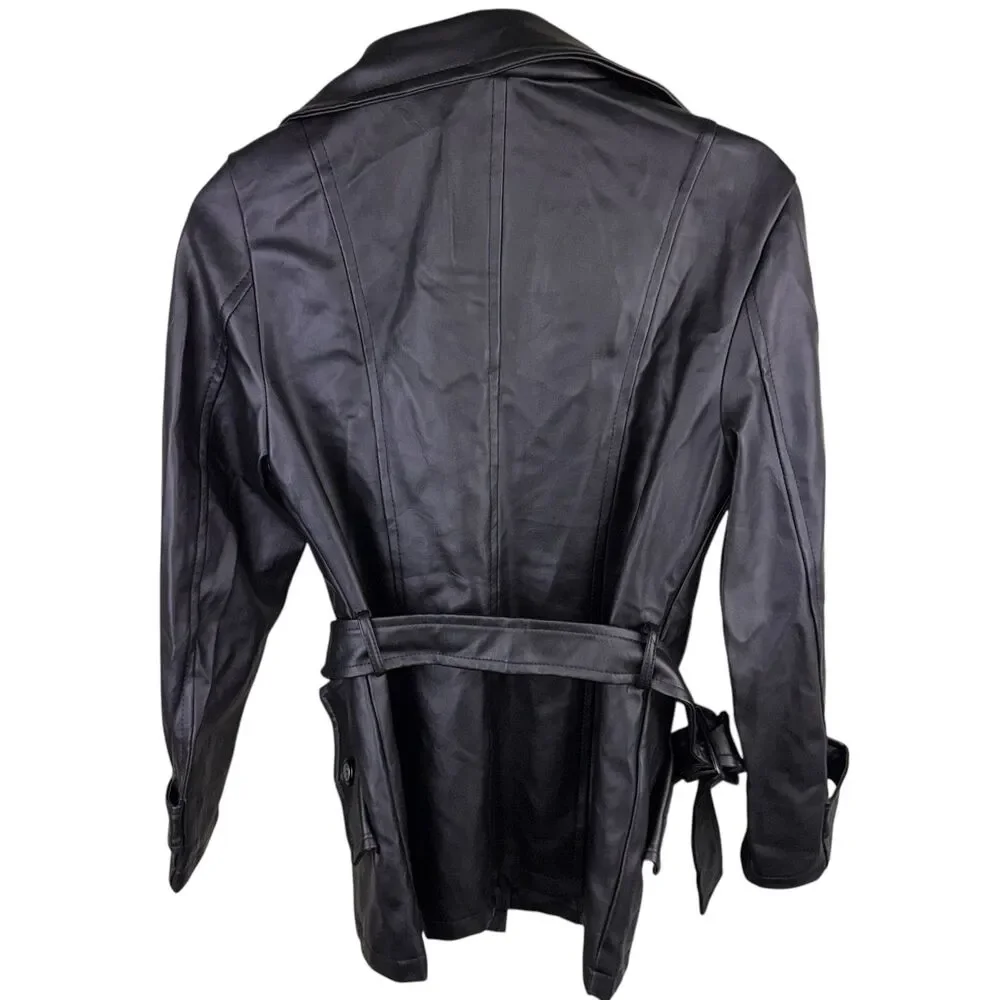 New A Collezioni Black Leather Jacket Button Front‎ Size M Italy